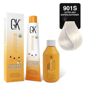 GK HAIR Global Keratin SuperLighteners 901 Ash Hair Color Cream Tube (3.4 Fl Oz/100ml) + 20 Volume Developer (5 Fl Oz/150ml) – Professional Permanent Long Lasting Toner Dye(SuperLighteners – 901S Ultra Ash)