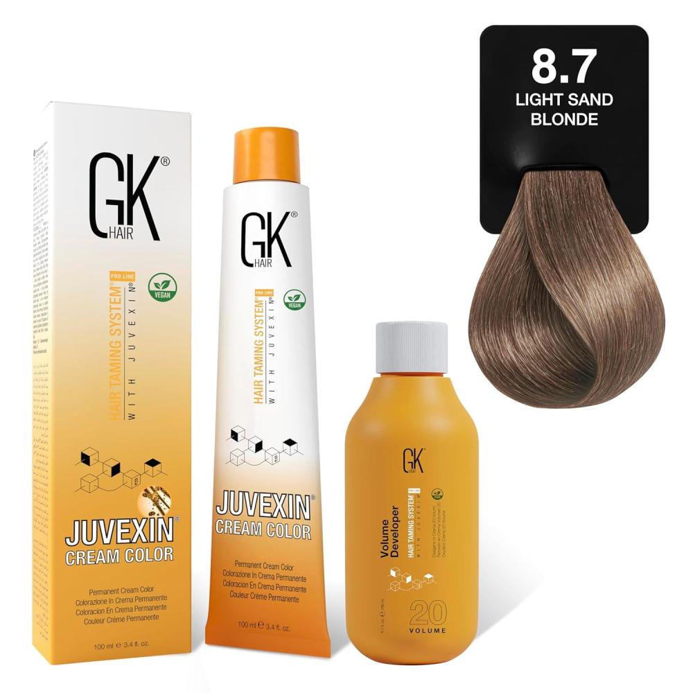 image:imageGK HAIR Global Keratin Sand 87 Light Blonde Hair Color Cream Tube 34 Fl Oz100ml 20 Volume Developer 5 Fl Oz150ml Professional Permanent Long Lasting Toner DyeSand 87 Light Blonde