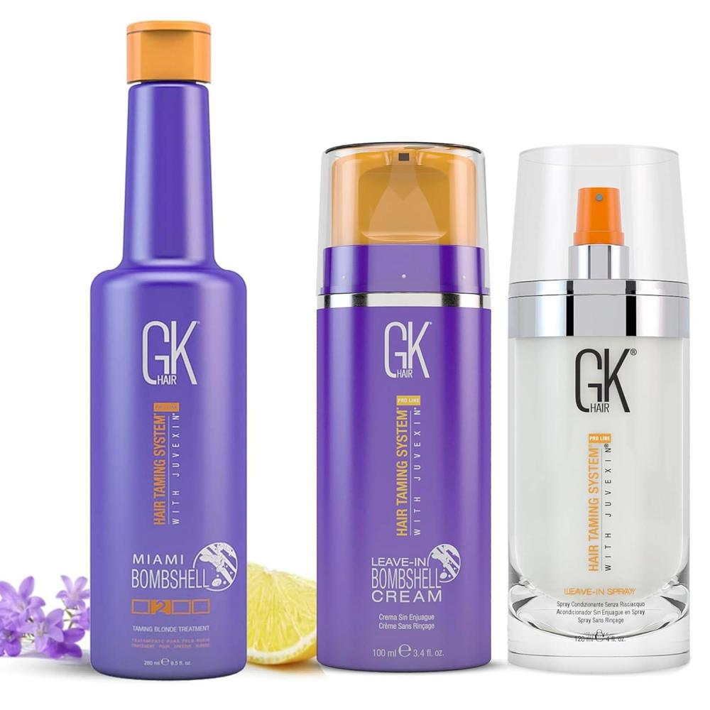 image:imageGK HAIR Global Keratin Silver Bombshell Shampoo 9 oz and LeaveIn Cream 34 oz with LeaveIn Spray 4 oz  Blonde Hair Care Kit for Toning and Hydration