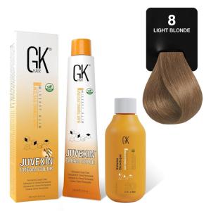 GK HAIR Global Keratin Natural 10 Lightest Platinum Blonde Hair Color Cream Tube (3.4 Fl Oz/100ml) + 20 Volume Developer (5 Fl Oz/150ml) – Professional Permanent Long Lasting Toner Dye(Natural 8 – Light Blonde)