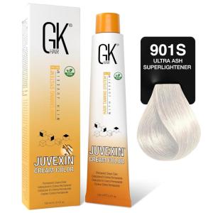 GK HAIR Global Keratin Professional Hair Color Cream Tube (3.4 Fl Oz/100ml) Nourishing & Cleansing Colors for Styling High Performance Long Lasting Permanent Natural Toner Dye(SuperLighteners – 901S Ultra Ash)