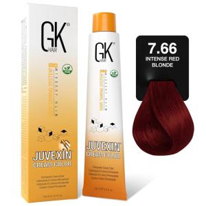 GK HAIR Global Keratin Professional Hair Color Cream Tube (3.4 Fl Oz/100ml) Nourishing & Cleansing Colors for Styling High Performance Long Lasting Permanent Natural Toner Dye(Reds – 7.66 Intense Blonde)