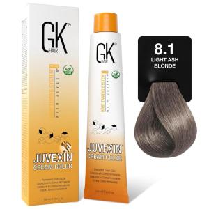 GK HAIR Global Keratin Professional Hair Color Cream Tube (3.4 Fl Oz/100ml) Nourishing & Cleansing Colors for Styling High Performance Long Lasting Permanent Natural Toner Dye(8.1 Ligt Ash Blonde)