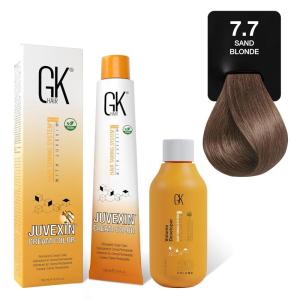 GK HAIR Global Keratin Sand 8.7 Light Blonde Hair Color Cream Tube (3.4 Fl Oz/100ml) + 20 Volume Developer (5 Fl Oz/150ml) – Professional Permanent Long Lasting Toner Dye(Sand – 7.7 Blonde)