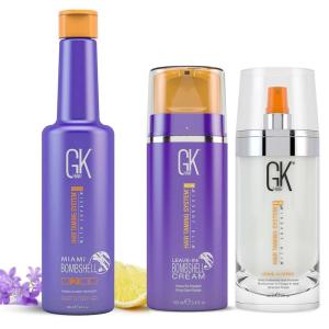 GK HAIR Global Keratin Silver Bombshell Shampoo (9 oz) and Leave-In Cream (3.4 oz) with Leave-In Spray (4 oz) – Blonde Hair Care Kit for Toning and Hydration