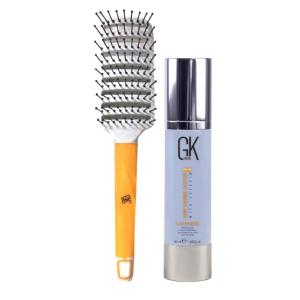 GK HAIR Global Keratin Smoothing Cashmere Hair Cream 50ml – Vent Brush (3 Inch) Rubber Handle Curved Vented Hair Brush, Styling for Thick Long Hair, Detangling Massage Brush for Women or Men,