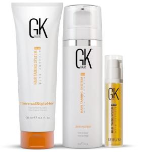 GK HAIR Global Keratin 3 Piece Set ThermalStyleHer 100ml/3.4oz, Leave-in Conditioner Cream130ml, Serum10ml for revitalize straight, wavy, curly, coiled, and tightly coiled hairs