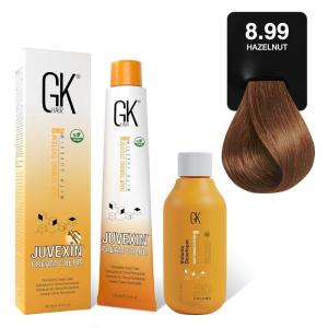 GK HAIR Global Keratin Chocolate 9.99 Almond Hair Color Cream Tube (3.4 Fl Oz/100ml) + 20 Volume Developer (5 Fl Oz/150ml) – Professional Permanent Long Lasting Toner Dye(Chocolate – 8.99 Hazelnut)
