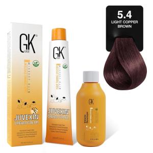 GK HAIR Global Keratin Dark Copper Blonde 6.4 Hair Color Cream Tube (3.4 Fl Oz/100ml) + 20 Volume Developer (5 Fl Oz/150ml) – Professional Permanent Long Lasting Toner Dye(Light Copper Brown 5.4)