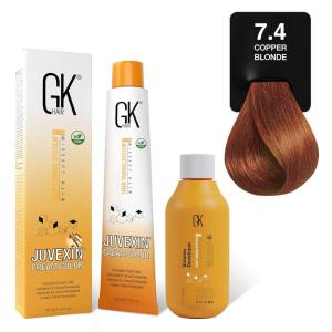 GK HAIR Global Keratin Dark Copper Blonde 6.4 Hair Color Cream Tube (3.4 Fl Oz/100ml) + 20 Volume Developer (5 Fl Oz/150ml) – Professional Permanent Long Lasting Toner Dye(Copper Blonde 7.4)