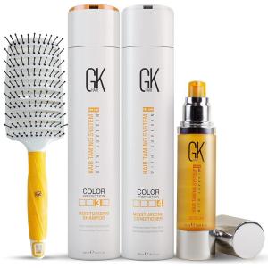 Global Keratin GK Hair Moisturizing Shampoo and Conditioner Set 300ml I Organic Argan Oil Hair Serum 50ml For Frizz Control Dry Damage Hair Repair I Vent Brush (3 Inch) Rubber Handle