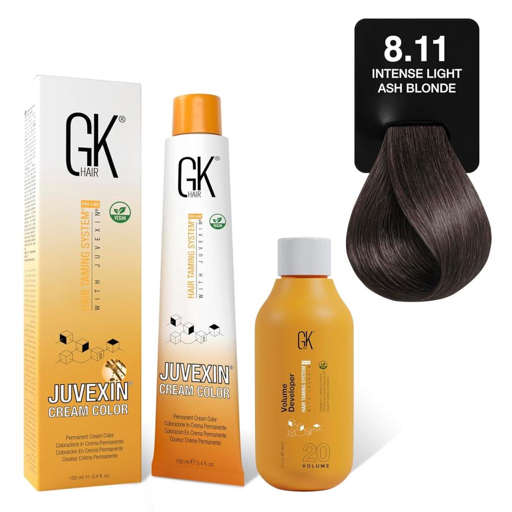 image:imageGK HAIR Global Keratin Intense Ash 811 Light Ash Blonde Hair Color Cream Tube 34 Fl Oz100ml  20 Volume Developer 5 Fl Oz150ml  Professional Permanent Long Lasting Toner DyeIntense Ash  811 Light Ash Blonde