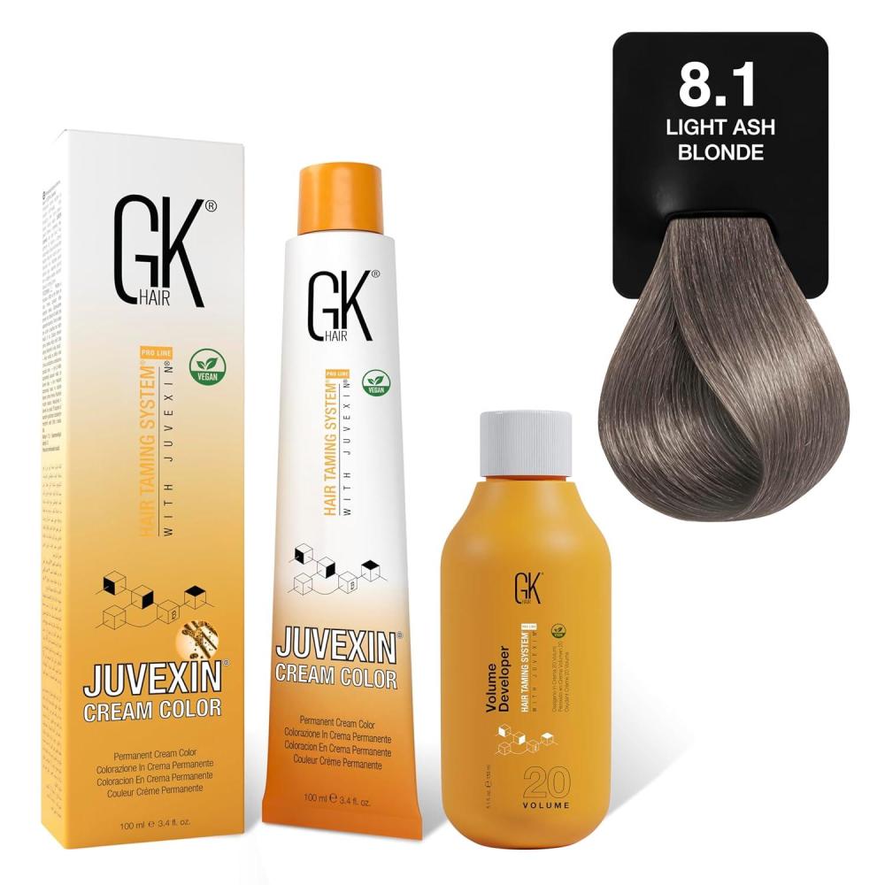 image:imageGK HAIR Global Keratin 81 Ligt Ash Blonde Hair Color Cream Tube 34 Fl Oz100ml  20 Volume Developer 5 Fl Oz150ml  Professional Permanent Long Lasting Toner Dye81 Ligt Ash Blonde