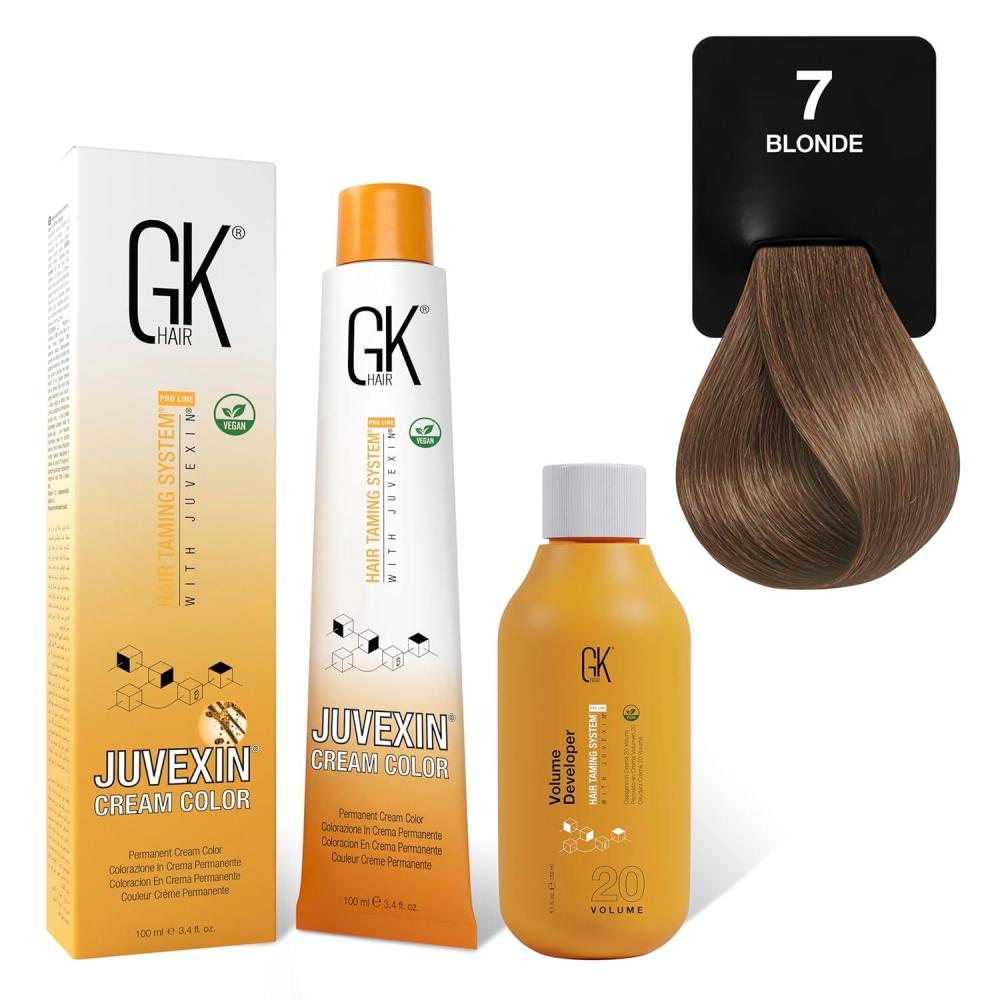 image:imageGK HAIR Global Keratin Natural 7 Blonde Hair Color Cream Tube 34 Fl Oz100ml 20 Volume Developer 5 Fl Oz150ml Professional Permanent Long Lasting Toner DyeNatural 7 Blonde